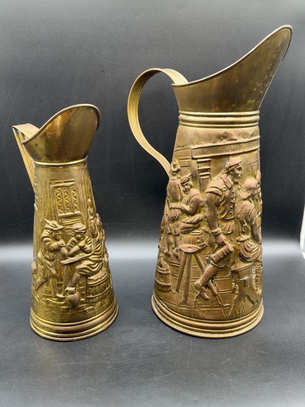 Vintage Peerage England Brass Pitchers Jugs Set of 2 Relief Tavern Scene